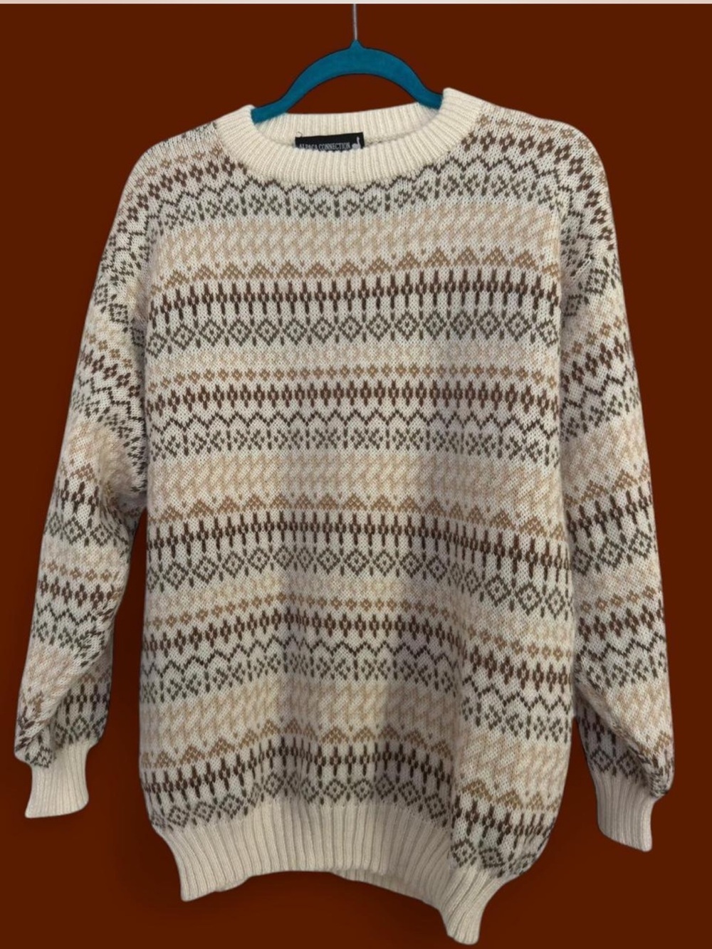 Alpaca Connection Made In Peru Fair Isle Crewneck Sweater - Cream & Brown